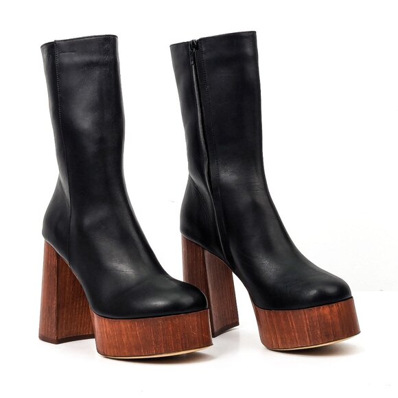 Gia Borghini Women Rosie Black Leather Platform Mid Calf Boots sz 8US EUR 38 - Picture 1 of 6